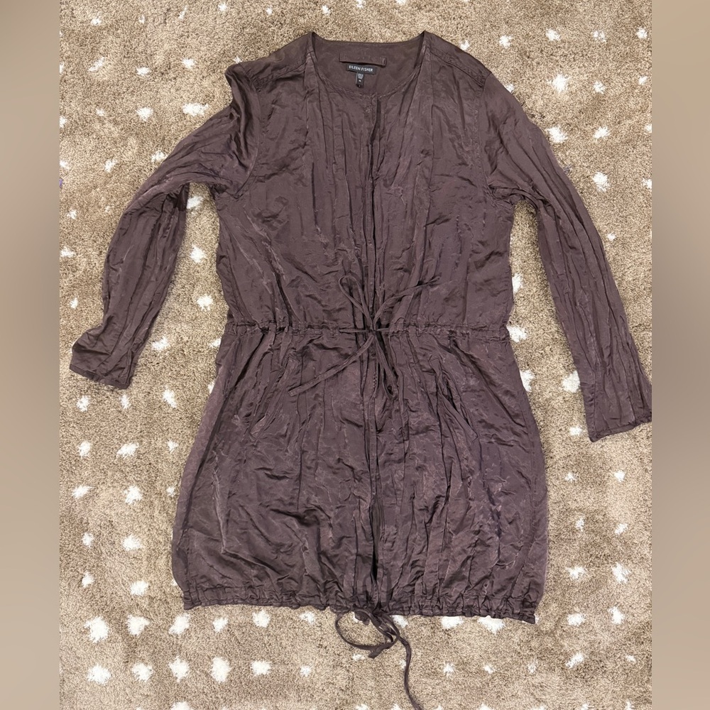 Eileen Fisher Metallic Crinkle Long Jacket Dress Brown M Fall Wedding Layering